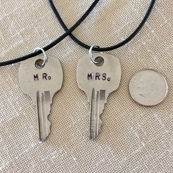 HAND CRAFTED Vintage Key Necklace Set MR. MRS. Hand Stamped - Picture 4 of 4